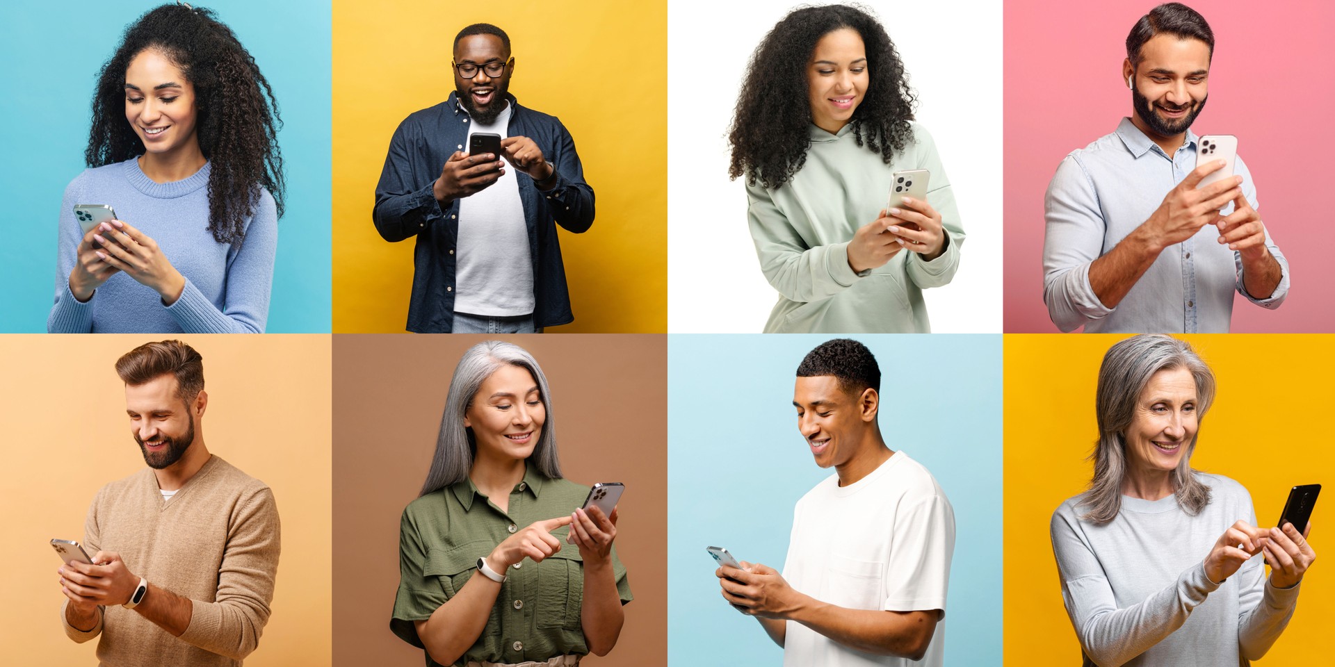 Addiction to gadgets. Collage of multi-generations diverse people using smartphones